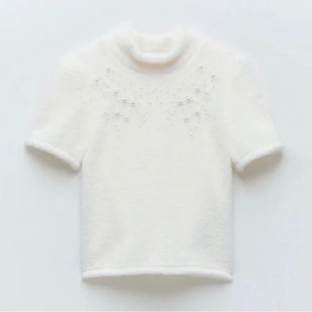 Zara White Textured Short Sleeve Top